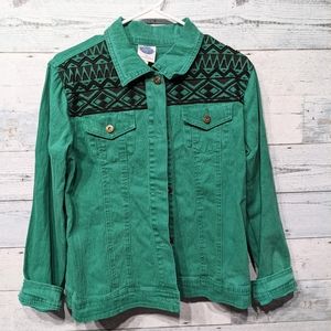 Boho women's large green beaded denim jacket